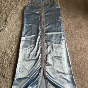 Elegant Blue Glam Gown with Silver Accents & Sheer Full Body Shawl